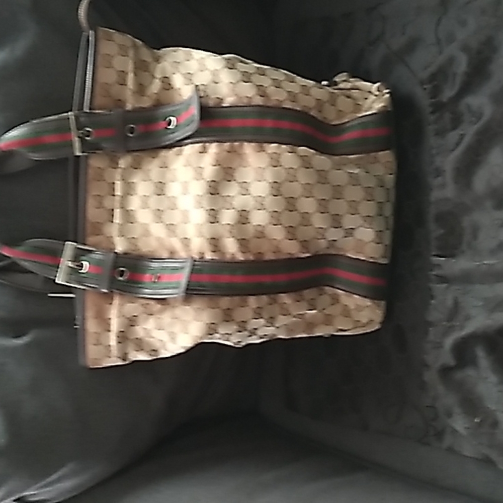 Gucci Beige Monogram Tote with Green and Red Stripes